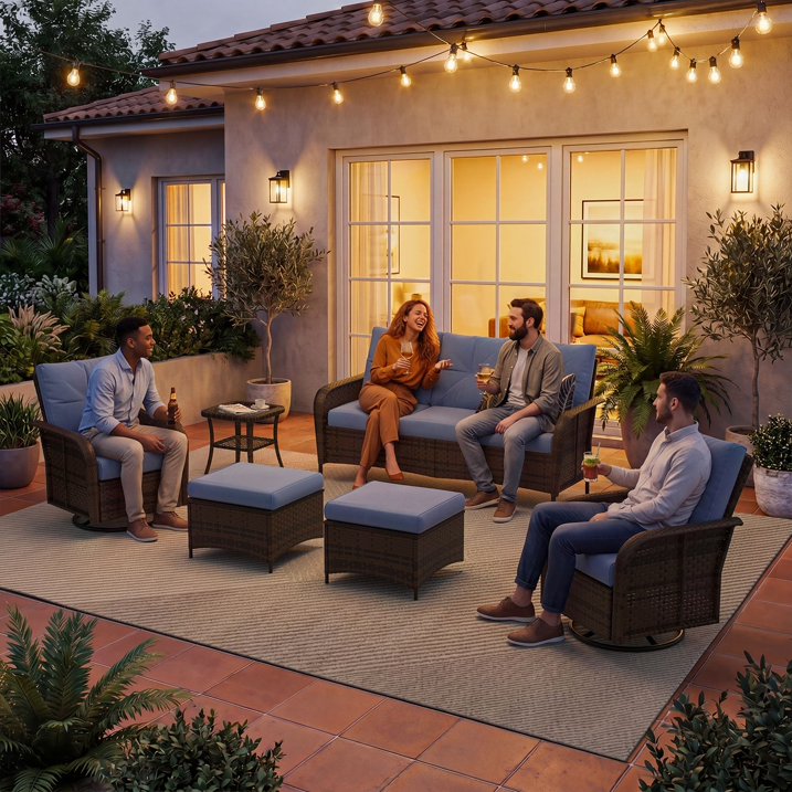 Sunmthink 6-Piece Patio Furniture Set, High Back Swivel Rocker Chairs with Thick Cushions, Wicker Rattan Outdoor Sectional Sofa with Ottoman, Blue