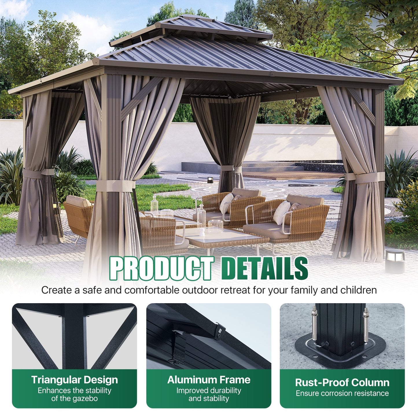 Clouddwell 12' x 12' Gazebo for Patio, Gazebo Pergola with Sloped Roof, Large Wall-Mounted Heavy Duty Awnings, for Deck, Patio and Backyard