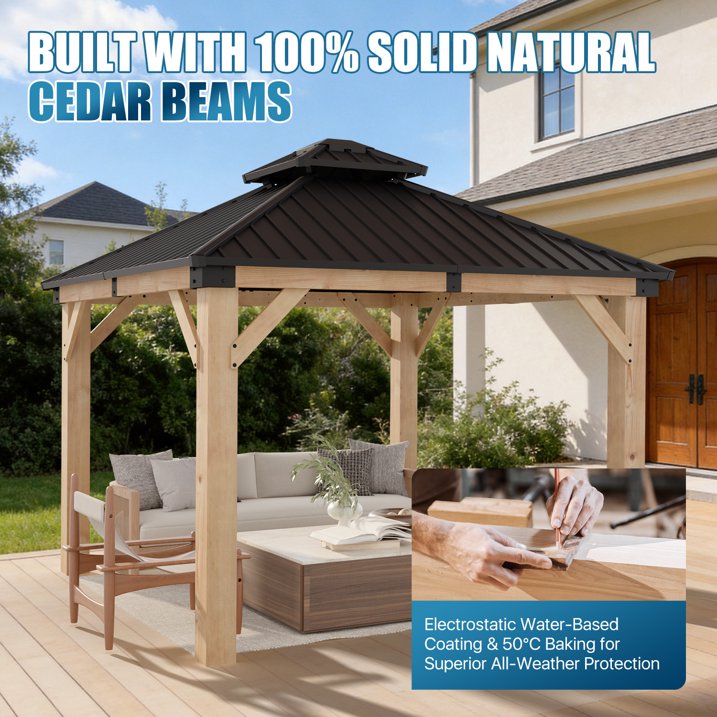 Sunmthink 10'x10' Outdoor Hardtop Gazebo, Cedar Wood Pavilion with Galvanized Steel Double Roof, for Patio, Garden, Deck