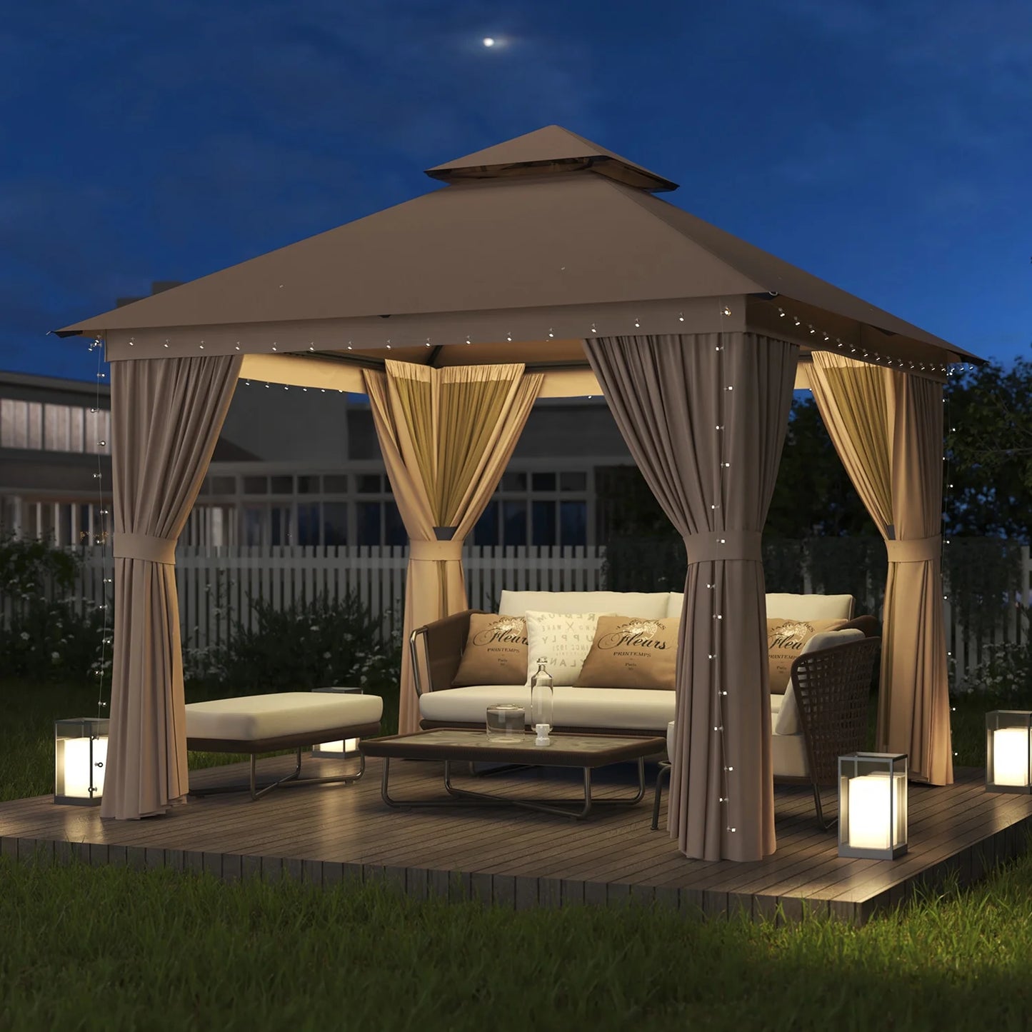 Clouddwell Beige 10'x10' Patio Gazebo – Sturdy Metal Frame Party Tent with Dual Roof Design, Bug Netting & Side Panels for Backyard, Lawn, or Deck