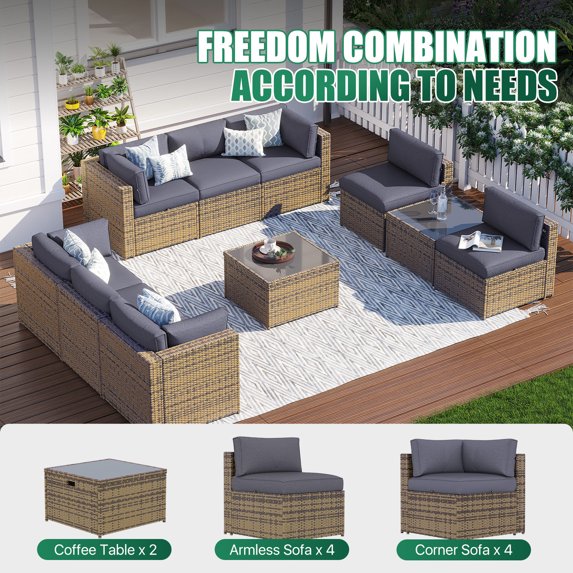 Clouddwell 10 Piece Patio Furniture Set Wicker Rattan Patio Conversation Set Outdoor Sectional Sofa Set with Coffee Table and Gray Cushions(Waterproof Cover Included)