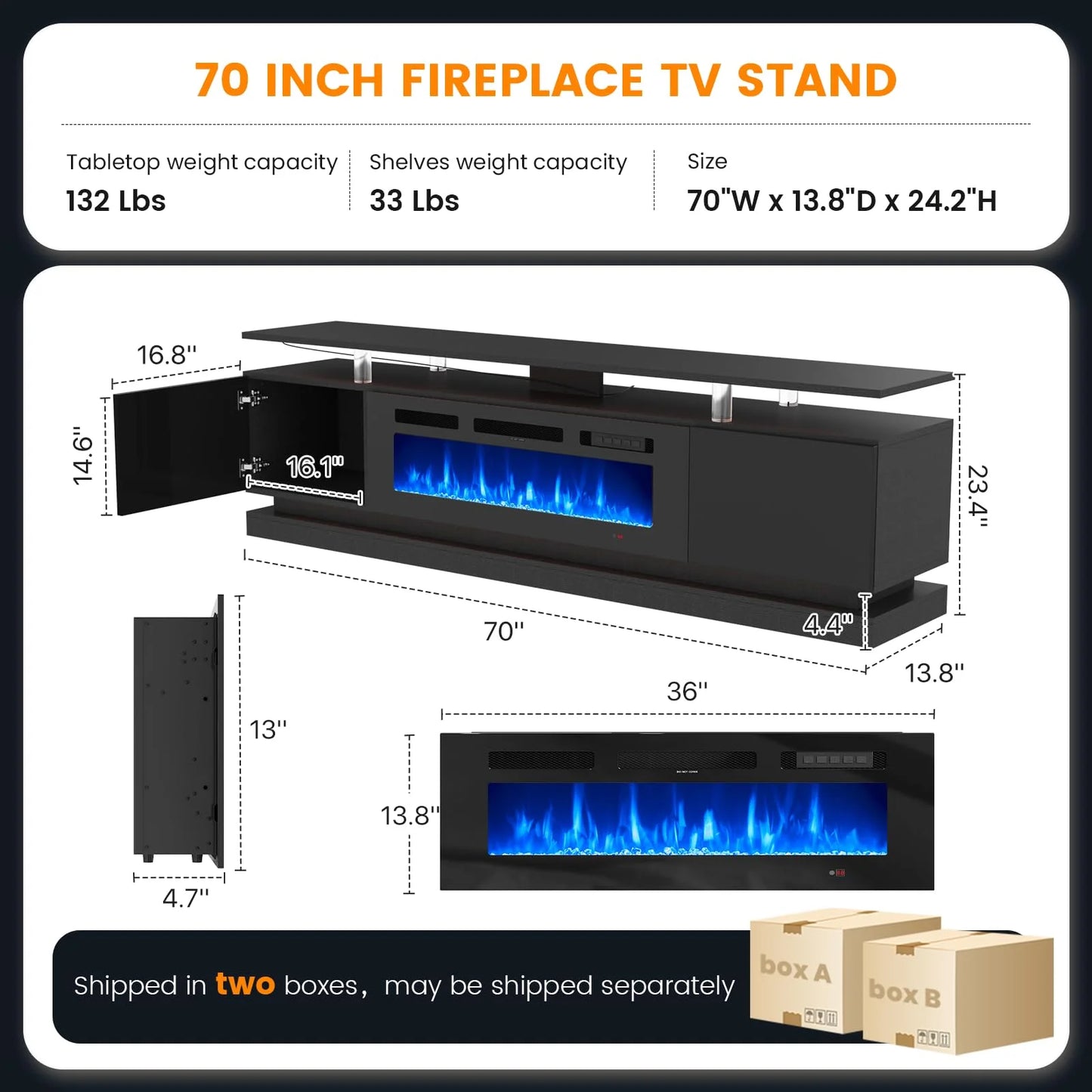 Sunmthink 70" Fireplace TV Stand, Modern Entertainment Center for TVs Up to 80”, TV Console with Storage Cabinets, Media Console for Living Room, Black