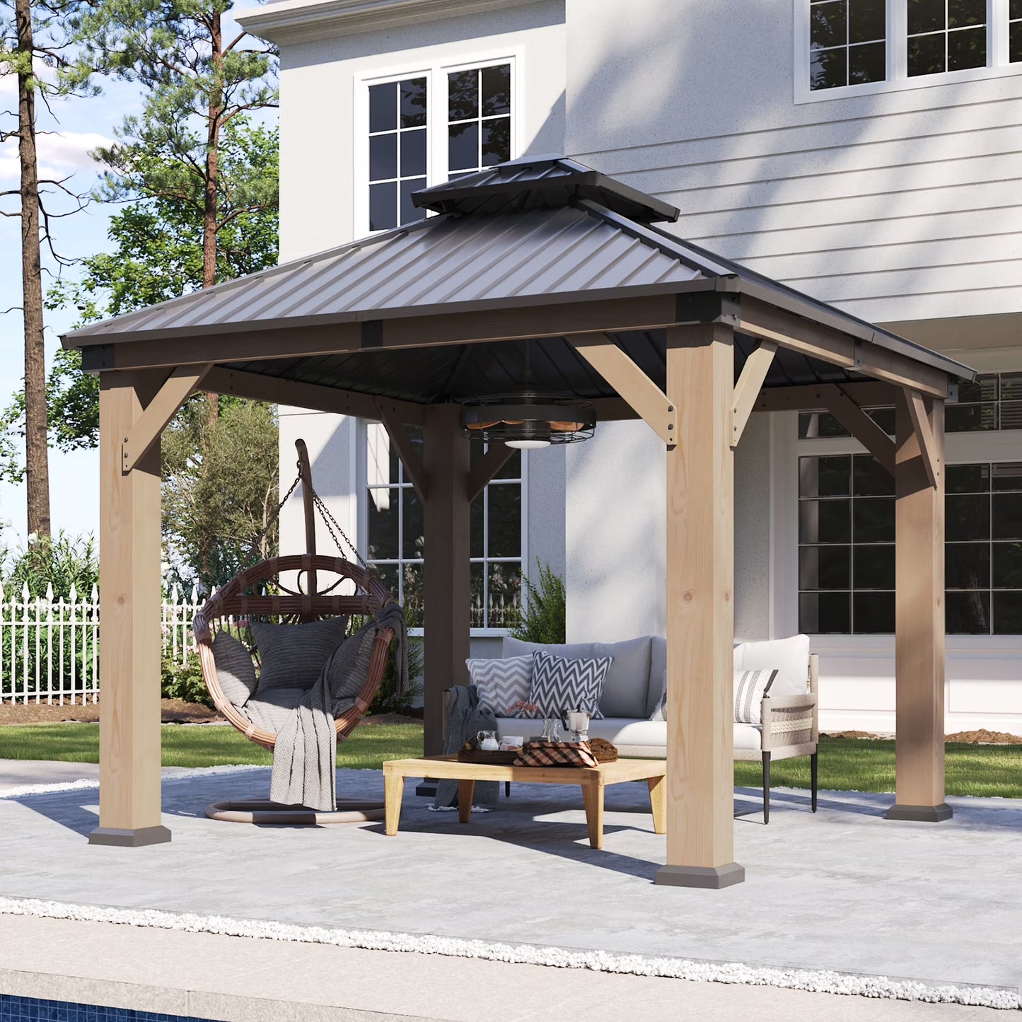 Aoxun 10' x 10' Outdoor Wood Gazebo, Hardtop Gazebo Permanent Wooden Pavilion with Galvanized Steel Double Roof, for Patio, Garden, Deck, Cedar Wood