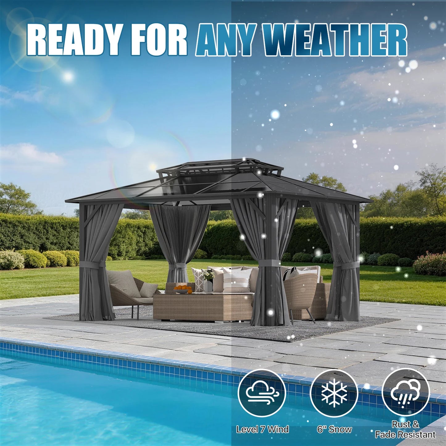 Sunmthink 10' x 14' Hardtop Gazebo,Polycarbonate Double Roof,Aluminum Frame with Curtains and Netting for Patio,Garden,Gray