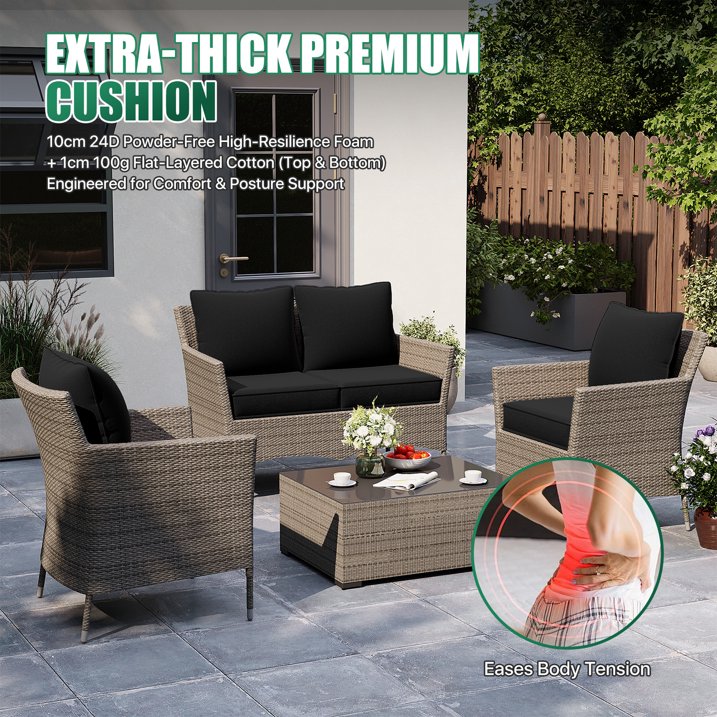 Clouddwell 4-Piece Premium Outdoor Cushion Set, 20x22x4 Inches High-Resilience Waterproof Cushions for 4-Seat Wicker Sectional(Black)
