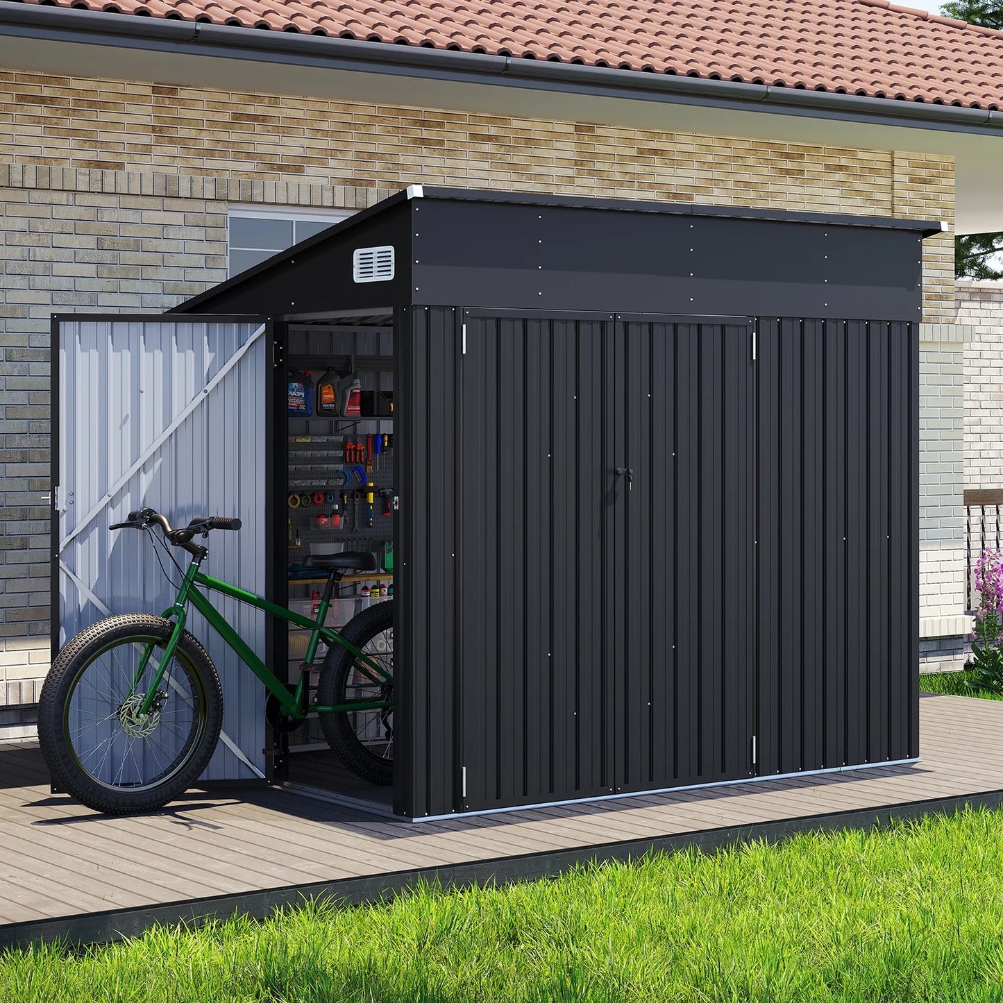Clouddwell 8ft x 6ft Heavy-Duty Metal Storage Shed with 3 Doors, Lockable Lean-To Design, Weatherproof for Garden & Tools (Black)