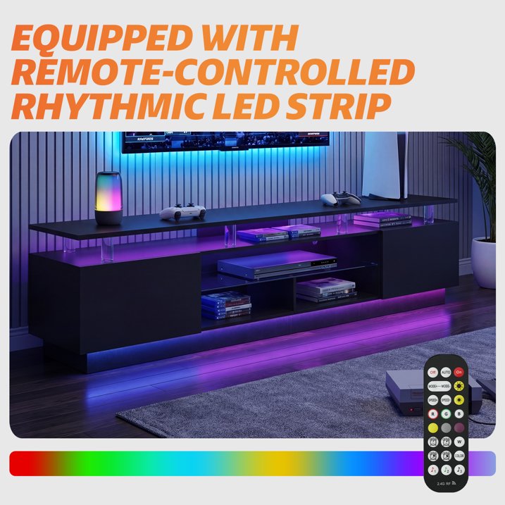 Sonegra 80” High-Glossy TV Stand with 2 Side Cabinets, Modern Stylish TV Console with 3 Layer LED Lights,Gaming TV Media Console with Adjustable Glass Shelf, Black