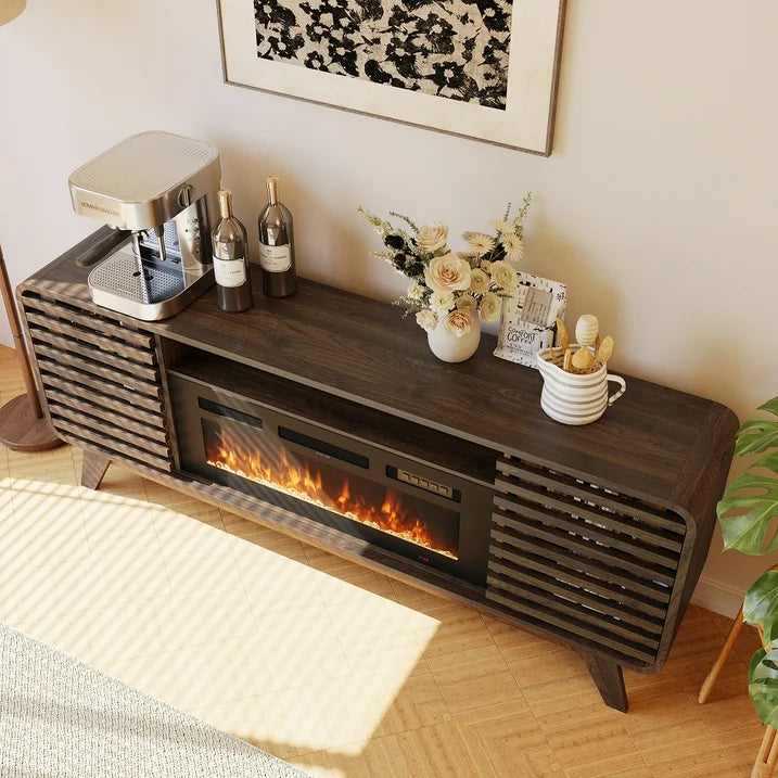 Sonegra Fireplace TV Stand with 36" Electric Fireplace, Mid Century Modern Entertainment Center with Led Lights for 80" TVs , Wood Media Console with Slatted Sliding Doors for Living Room, Brown
