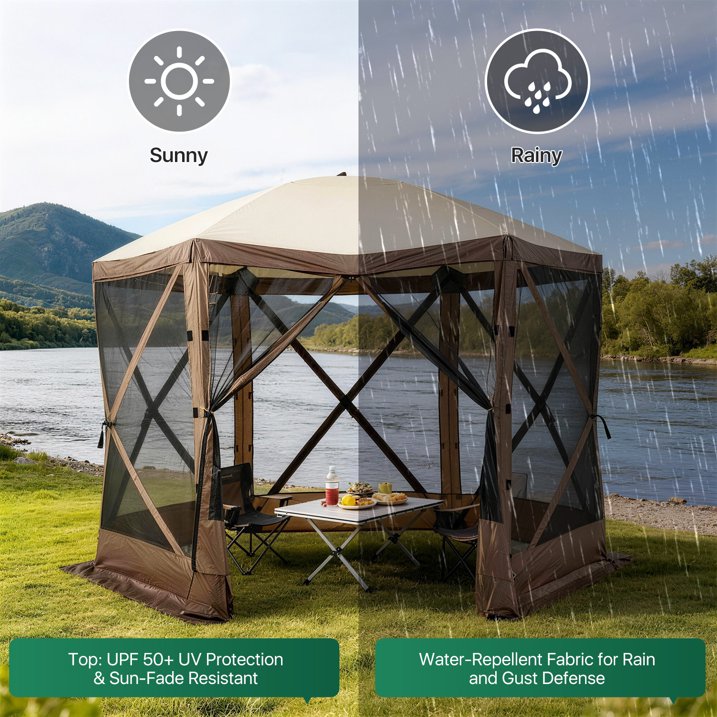Clouddwell 12x12 FT Outdoor Pop-up Gazebo Tent, 6-Sided Screen Room with Waterproof UV-Blocking Canopy, Includes Carry Bag, Stakes & Ropes, Brown