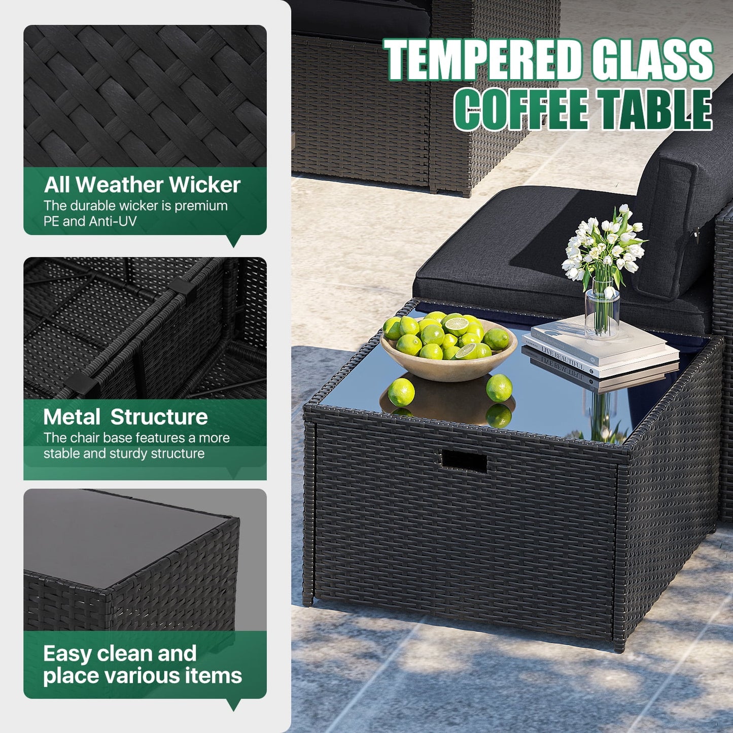 Clouddwell 7-Piece Patio Furniture Set on Sale, Black Rattan Wicker Outdoor Sectional Sofa Couch with Table Patio Conversation Set for Lawn& Backyard,Black