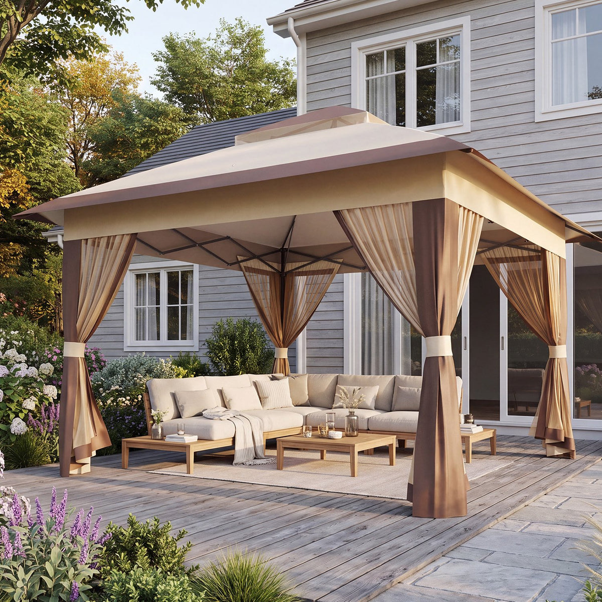 Dateyes 12x12 FT Pop Up Gazebo, Outdoor Gazebo Canopy with Mosquito Netting, 3 Adjustable Heights, Portable Patio Gazebo Tent for Backyard, Patio, Brown