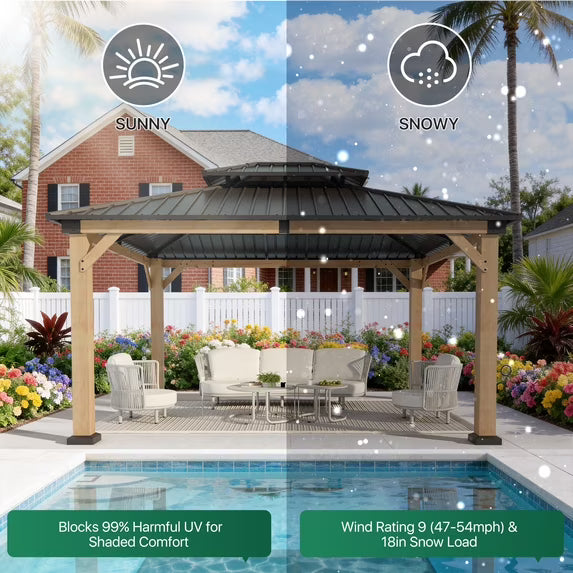 Clouddwell 12'*14' Upgraded Cedar Gazebo,Cedar Hard Roof Gazebo,with Double-Layer Galvanized Steel Roof,Suitable for Backyard,Desk,and Lawn
