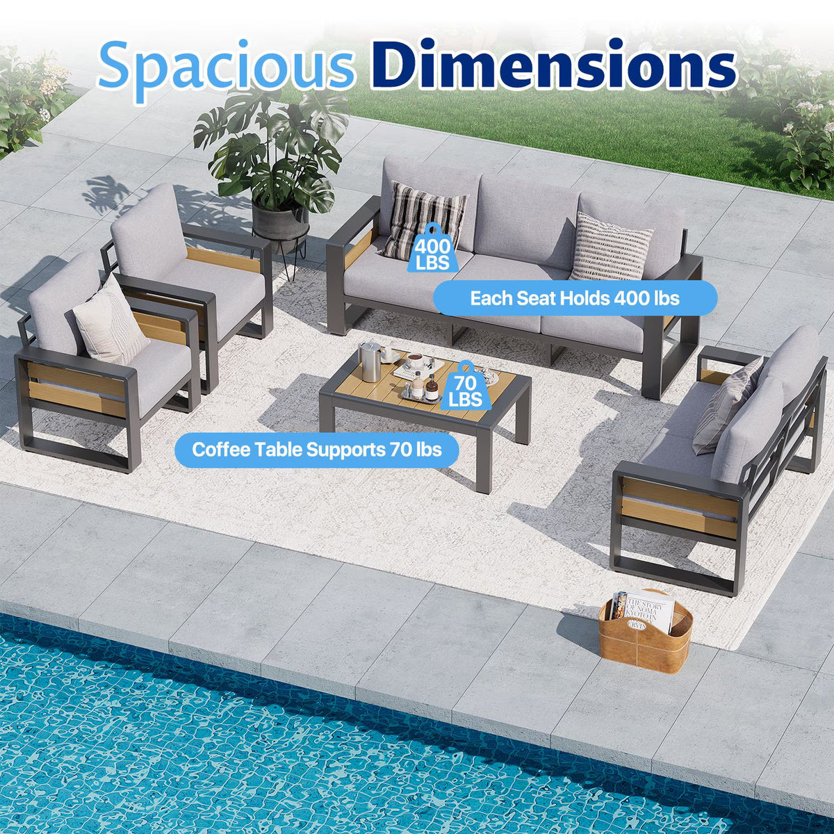 Dateyes 5 Piece Aluminum Patio Furniture Set, 7-Seat Luxury Outdoor Sectional with 6" Olefin Fabric Cushions, Light Grey