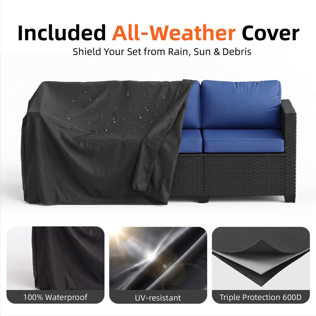 Dateyes 9 Seats Patio Furniture Set, Rattan Wicker Outdoor Conversation Sectional Sofa Set with Storage Coffee Table and Waterproof Cover,Blue
