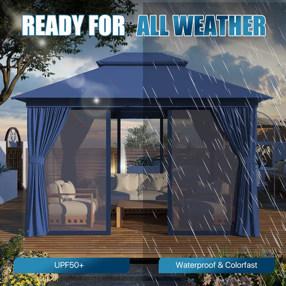 Sunmthink Outdoor Gazebo for Patio 10'x12', Metal Frame Canopy with Double Roofs, Heavy Duty Party Tent and Shelter with Mosquito Netting and Privacy Screen for Backyard,Garden,Deck (Blue)