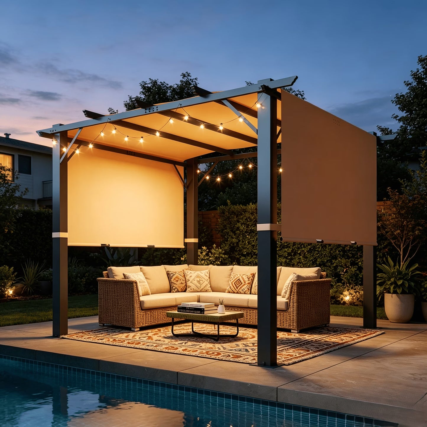 Clouddwell 10x10 ft Outdoor Pergola with Extended Canopy, Retractable Shade Pergola for Patio & Backyard, Blocks Low-Angle Sun, UV Protection, Khaki