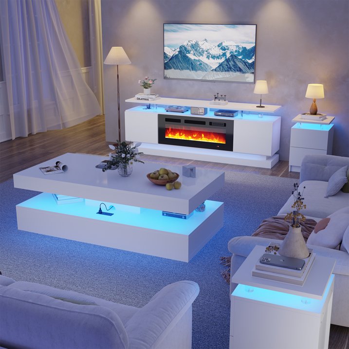 Sonegra 4-Piece Living Room Table Set Includes High Gloss 70'' Modern Fireplace TV Stand, Modern Coffee Table and 2 End Tables for Living Room, Bedroom, White