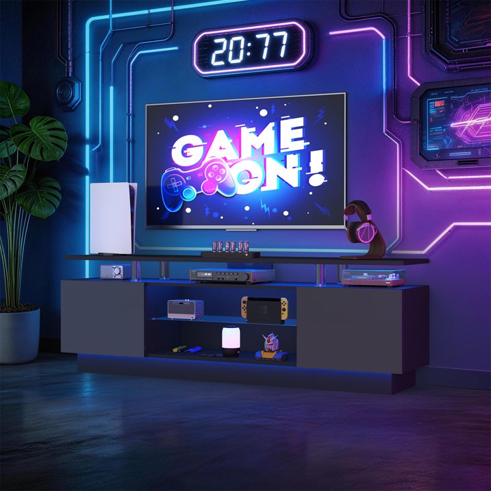 Sonegra 70" High-Gloss TV Stand with 2 Side Cabinets, Modern TV Console with LED Lights, Gaming Media Cabinet with Adjustable Glass Shelf, Remote & APP Control, Black