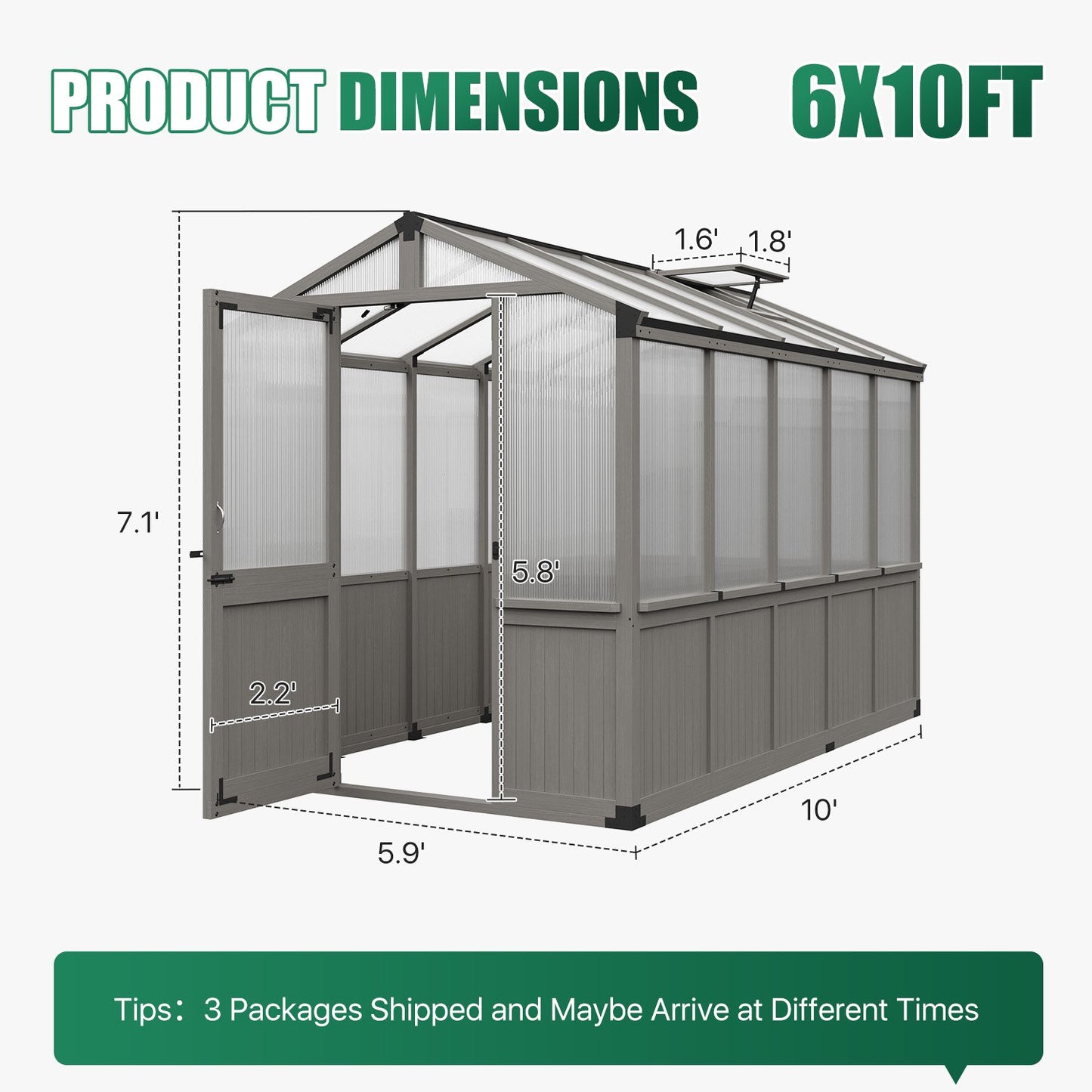 Clouddwell Large Outdoor Wooden Storage Shed, Polycarbonate Panels with Automatic Roof Vent & Lockable Door, Outdoor Walk-in Garden Greenhouse, 6x10 FT, Gray