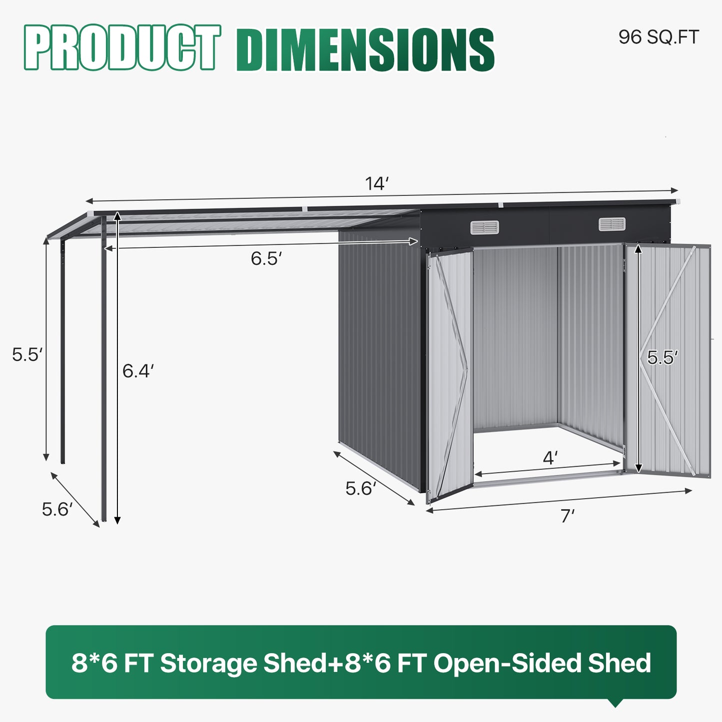 Clouddwell Metal Storage Shed with Hardtop Pergola 14x6 ft 2-in-1, 84 Sq. Ft Outdoor Tool Shed for Backyard