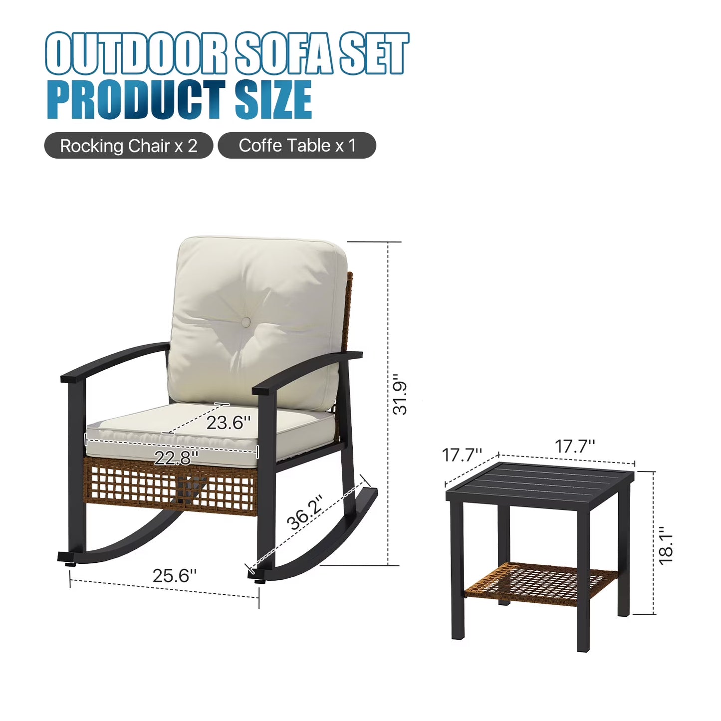 Sunmthink Outdoor 3-Piece Patio Set with Rocking Chairs & Table - Includes Comfort Cushions, Perfect for Garden, Balcony, Backyard or Poolside (White)