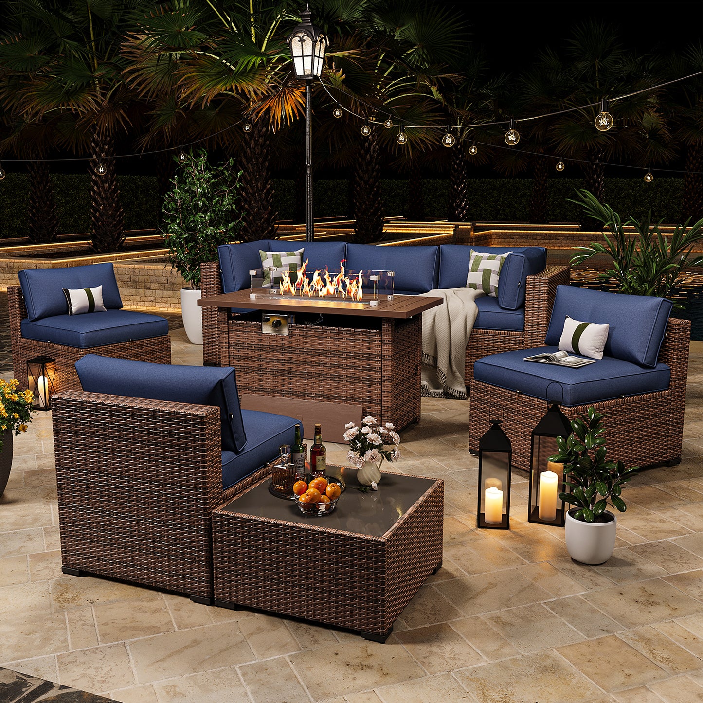 Clouddwell 7-Piece Rattan Conversation Set with Fire Pit Table Brown-Blue