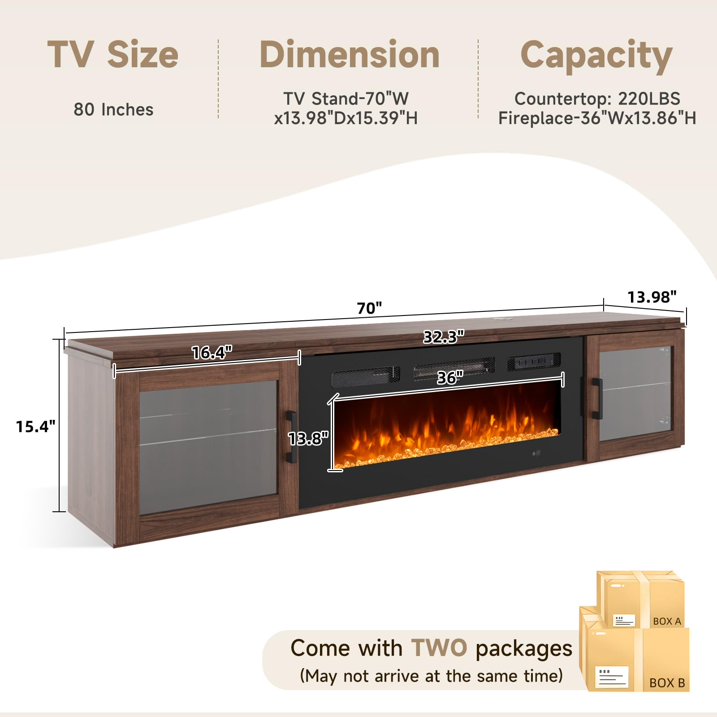 Sunmthink Floating TV Stand with 36" Electric Fireplace, High Gloss Finish Wall Mounted Fireplace Entertainment Center with Storage for TVs Up to 80", Brown