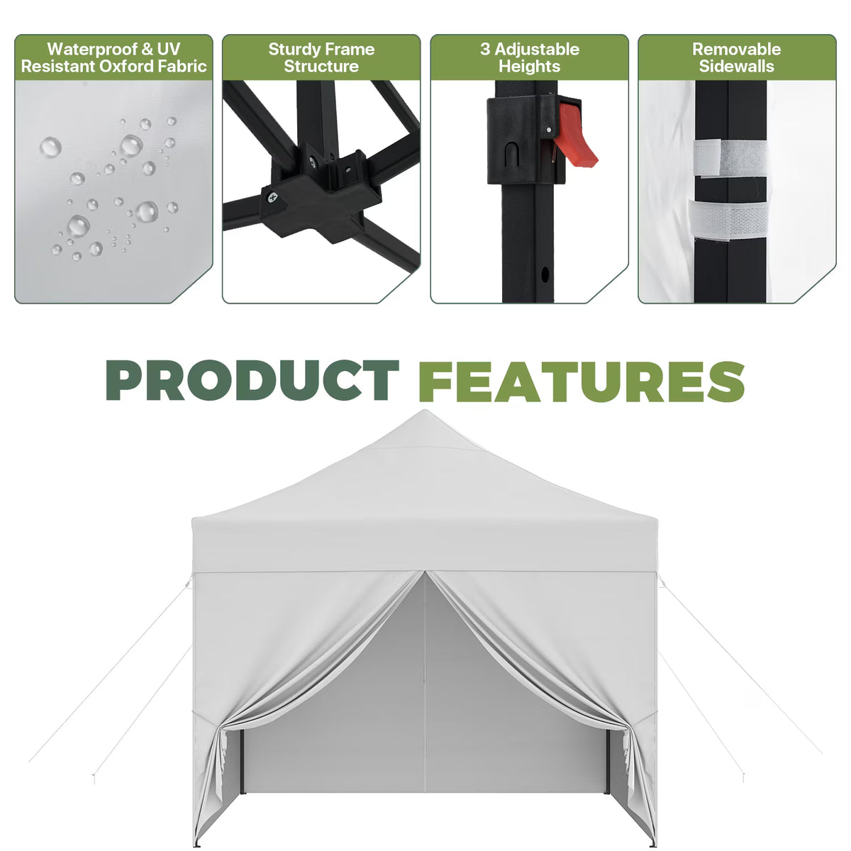 Dateyes 10x10FT Pop Up Canopy Tent, Portable Outdoor Canopy with Removable Sidewalls & Sandbags, Commercial Party Event Tent, UV 50+, Waterproof, White