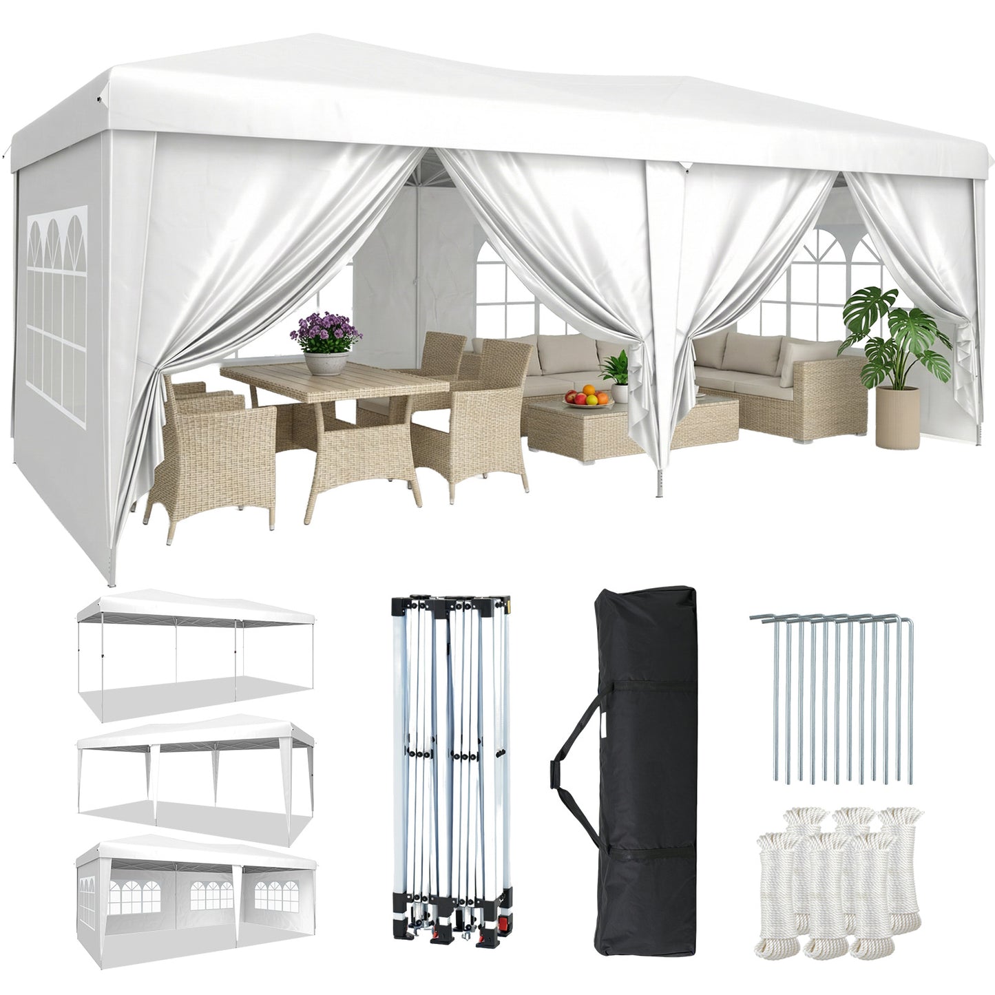 Aoxun 10x20 Pop Up Canopy Tent with 6 Removable Sidewalls, Instant Setup Party Tent Waterproof Outdoor Canopy Featuring 3 Adjustable Heights, Portable Shelter for Parties, Weddings, Commercial