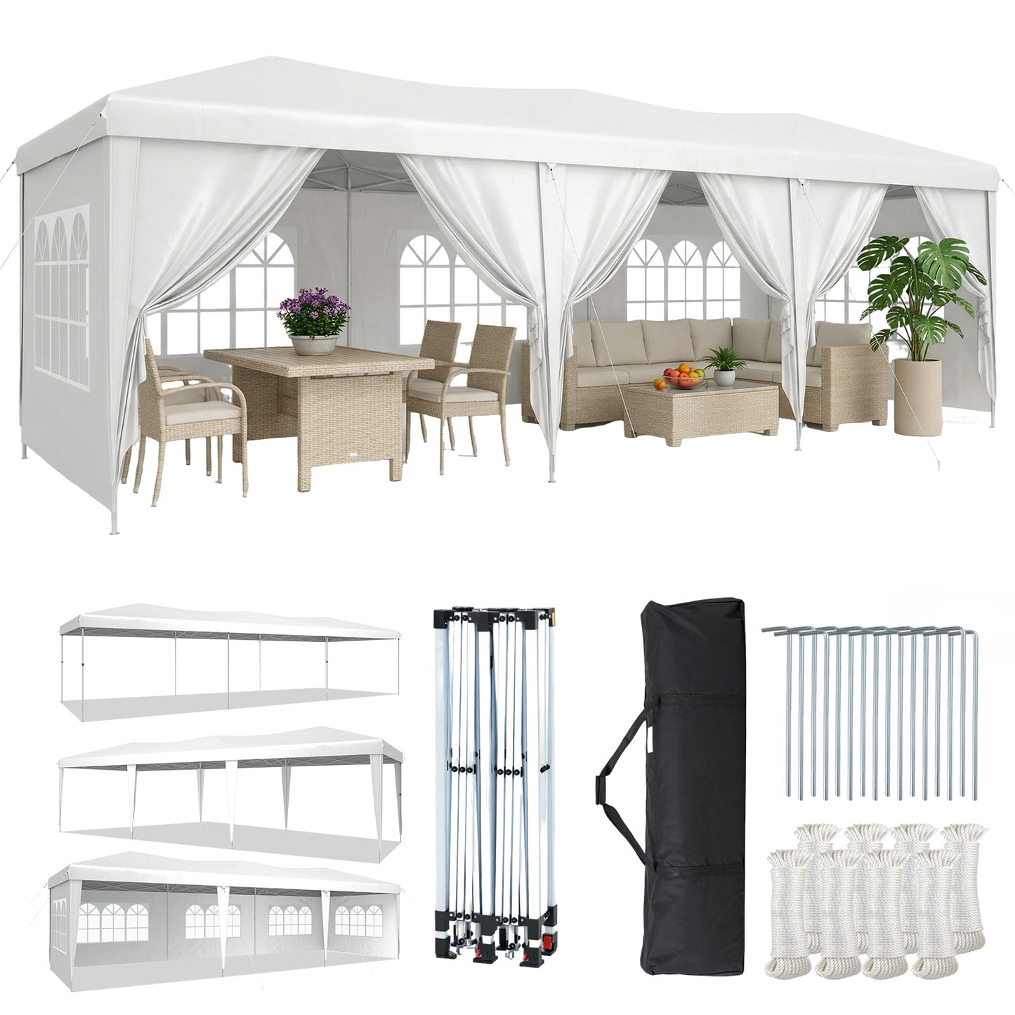 Aoxun 10x30 Pop Up Canopy Tent with 8 Removable Sidewalls, Instant Setup Party Tent Waterproof Outdoor Canopy Featuring 3 Adjustable Heights, Portable Shelter for Parties, Weddings, Commercial