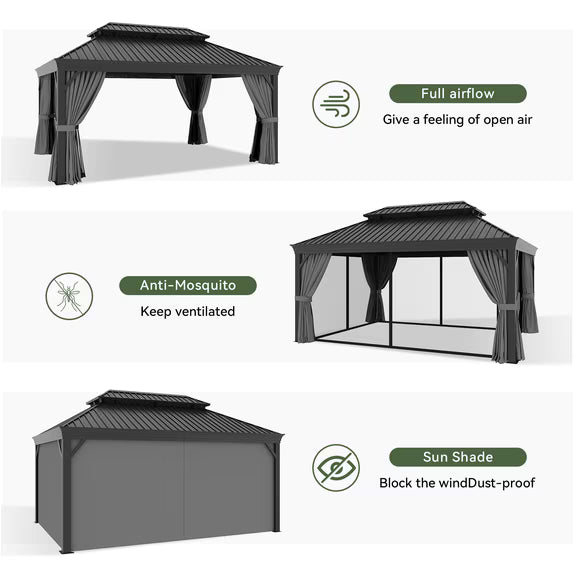 BaPiPro 16' x 12' Hardtop Gazebo, Aluminum Frame with Curtains and Netting