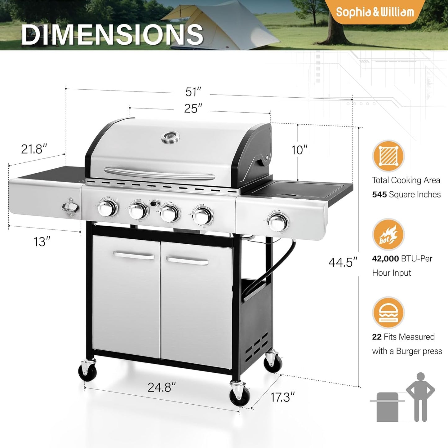 Clouddwell 4-Burner Propane Gas BBQ Grill with Side Burner and Porcelain-Enameled Cast Iron Grates, Stainless Steel Barbecue Grills Outdoor Cooking