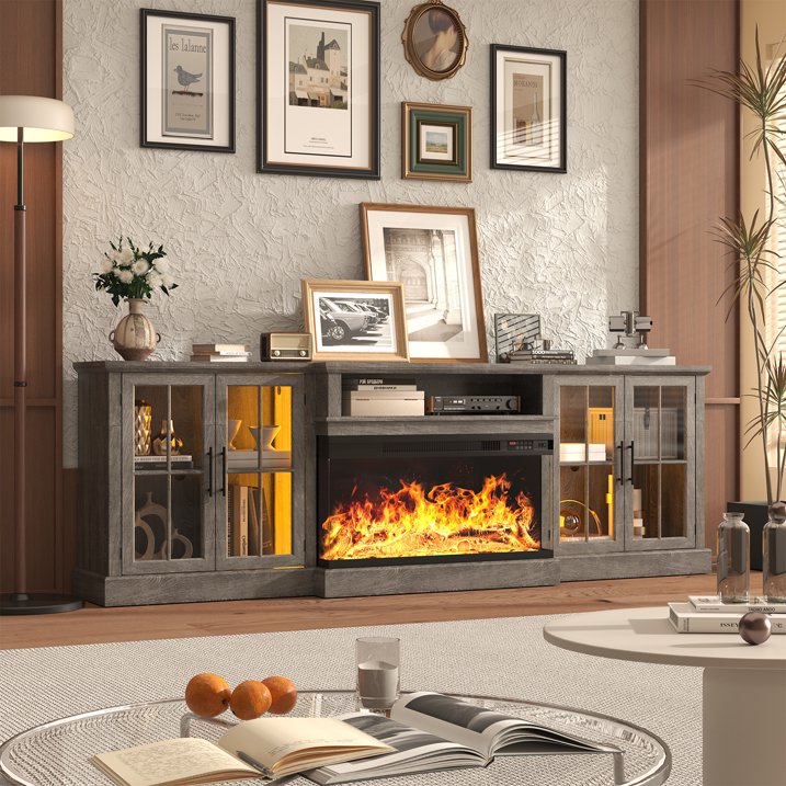 Sonegra 98" Farmhouse TV Stand with Fireplace for TVs up to 100", Media Entertainment Center with Adjustable Shelves and Large Storage Cabinets, for Living Room, Gray