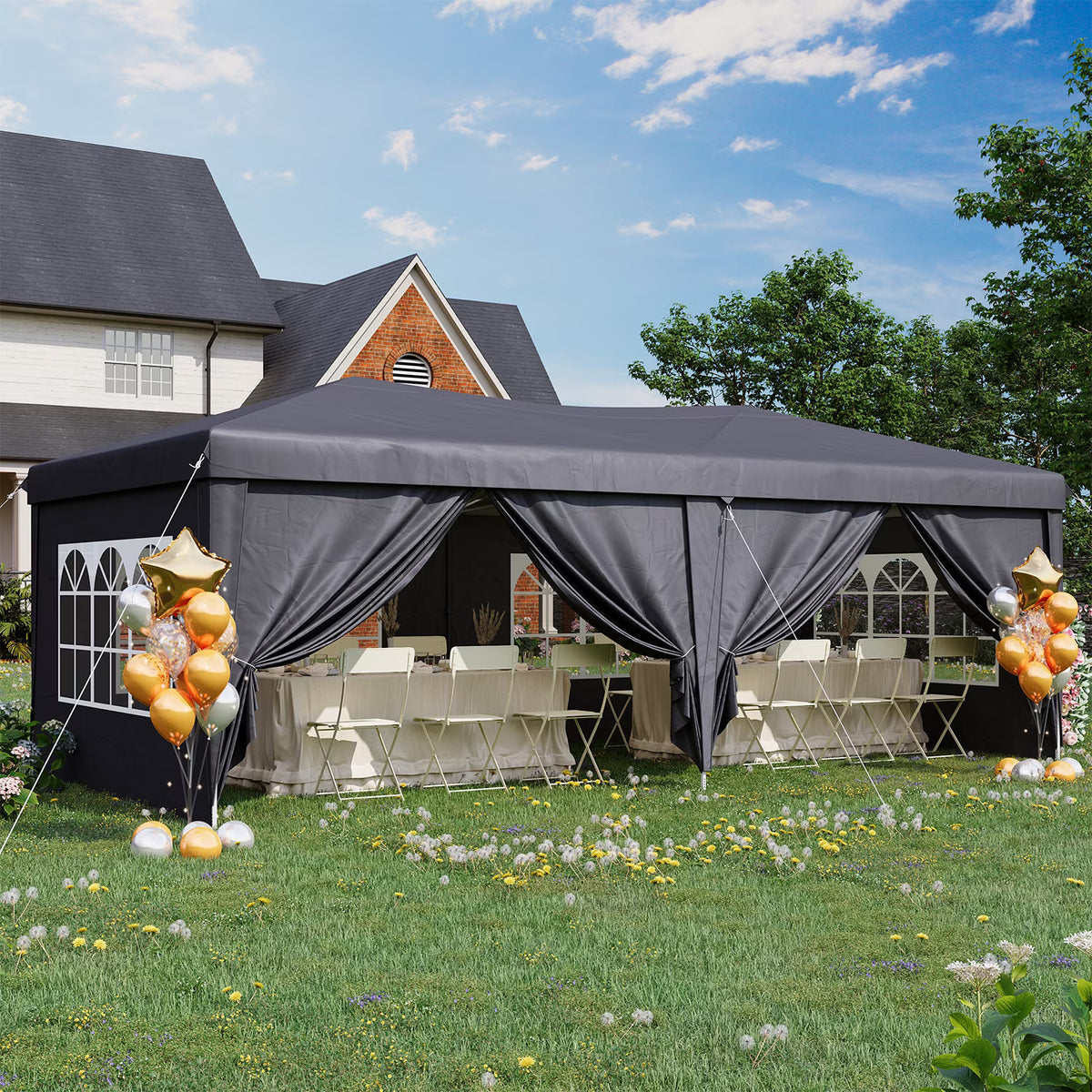 Dateyes 10x20 Pop Up Canopy Tent, Waterproof Party Tent with 6 Removable Sidewalls, 3-Level Height Adjustable Event Tent, Instant Shelter for Wedding, Party, Commercial & Market Events,Gray
