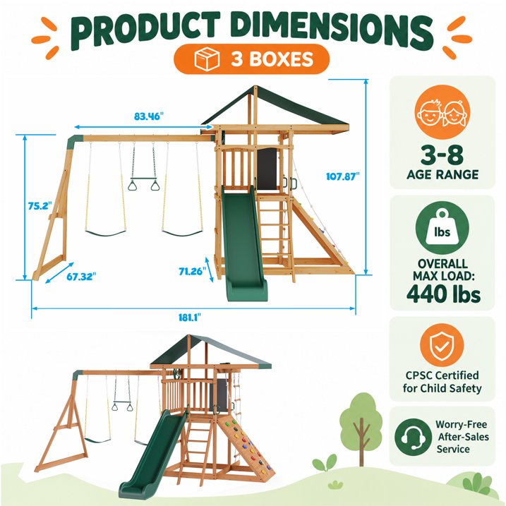 Clouddwell Wooden Backyard Swing Set, Outdoor Playset for Children Wave Slide, Double Rock Wall, Rope Ladder, Web Swing, Belt Swings, Toy Telescope, Steering Wheel