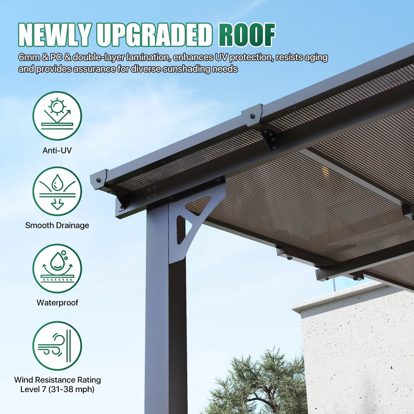 Clouddwell 8'x 5' Wall-Mounted Gazebo Pergola with Aluminum Top Frame & Polycarbonate Panel, Large Heavy-Duty Awnings for Backyard Black