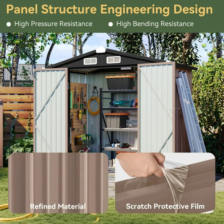 Sunmthink 6 x 4 ft Outdoor Storage Shed with Vents and Double door, Brown, with Base