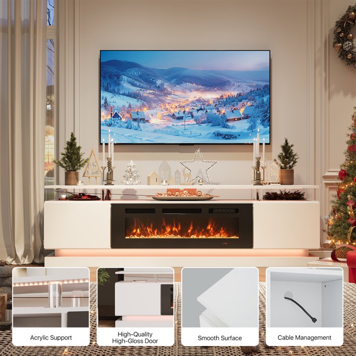Sonegra Modern Fireplace TV Stand for TVs Up to 80" with music sync LED, 70" Entertainment Center with Electric Fireplace, TV Console with Storage Cabinets for Living Room, White
