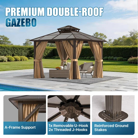 Sunmthink 10' x 10' Hardtop Gazebo,Polycarbonate Double Roof,Aluminum Frame with Curtains and Netting for Patio,Garden,Brown