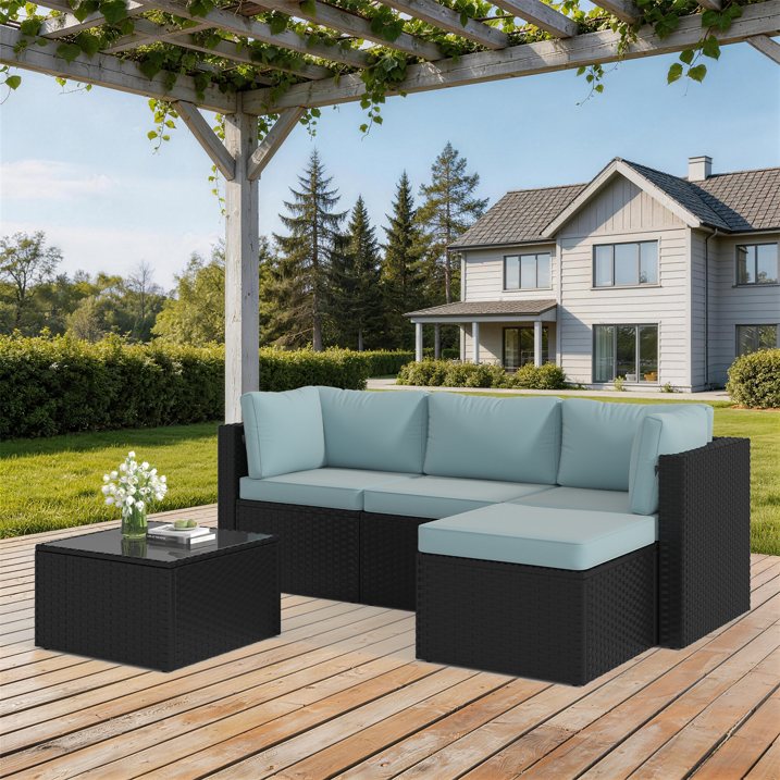 3 Pieces Patio Furniture Set, All-Weather Wicker Rattan Patio Sectional Sofa Set with Coffee Table and Waterproof Cover(Light Blue)
