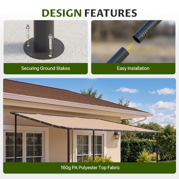 Dateyes 10'x10' Wall-Mounted Metal Gazebo , Water-Resistant Khaki Canopy with UV Protection for Patio & Garden