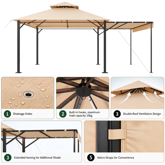 Clouddwell 16' x 11' Beige Soft Top Gazebo — Steel Frame with Extended Shade