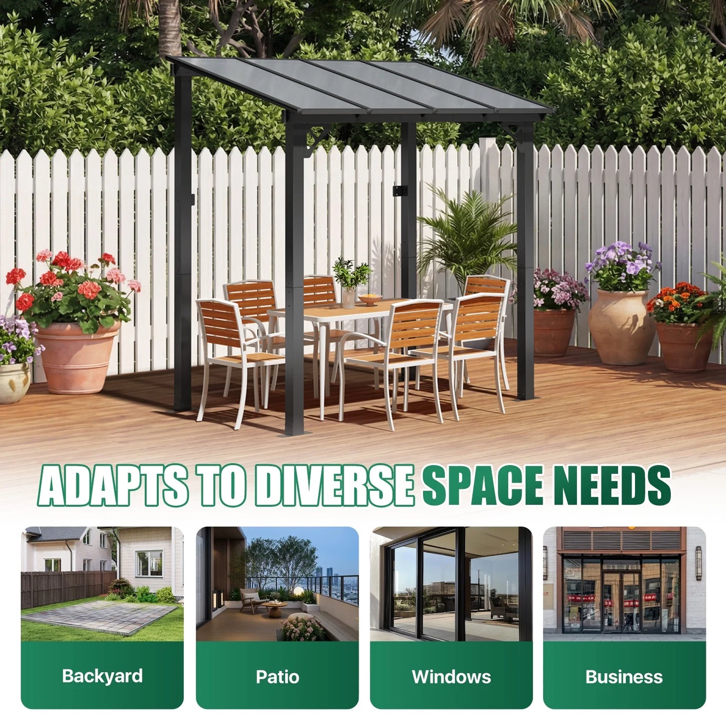 Clouddwell 8'x 5' Wall-Mounted Gazebo Pergola with Aluminum Top Frame & Polycarbonate Panel, Large Heavy-Duty Awnings for Backyard Black