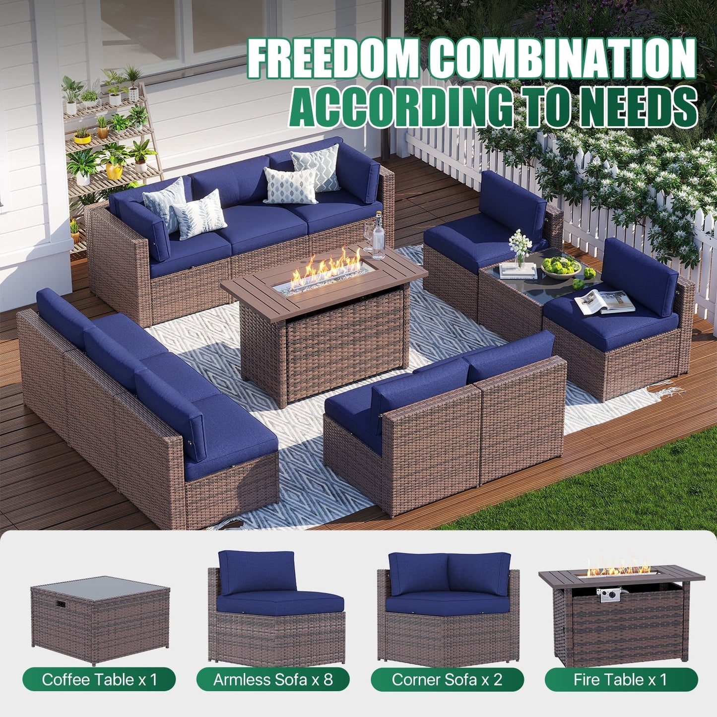 Clouddwell 12 Piece Patio Furniture Set with 44” Fire Pit Table Wicker Rattan Patio Conversation Set Outdoor Sectional Sofa Set with Coffee Table and Blue Cushions(Waterproof Cover Included)