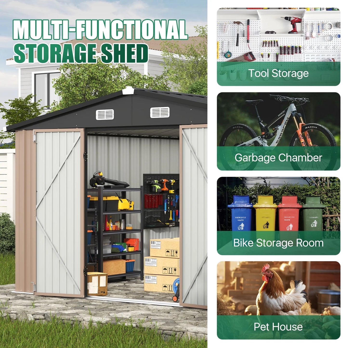 Clouddwell 10x12 ft. Metal Storage Shed, Waterproof Steel Garden Shed with Lock, Brown