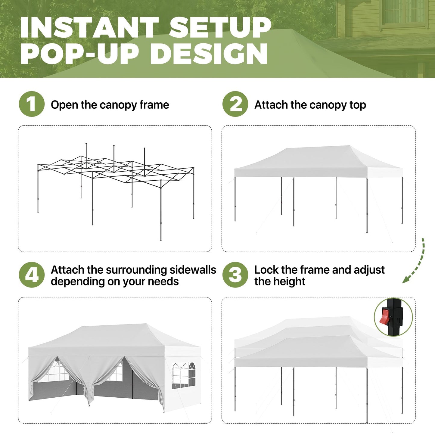 Clouddwell 10'x20' Pop Up Canopy Tent with 6 Removable Sidewalls, Adjustable Height Instant Outdoor Canopy, Portable Sun Shade Shelter with 4 Sandbags, Easy Setup for Parties, Camping, Events, White