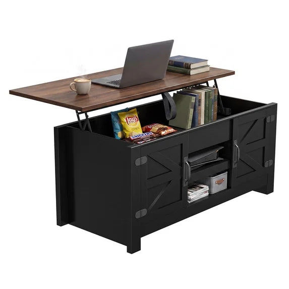 Sonergra Lift Top Coffee Table with Storage, Farmhouse Living Room Table with Charging Station & Barn Doors, Black