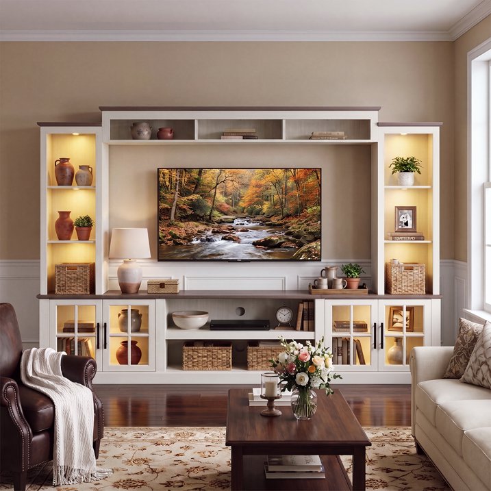 Sonegra Farmhouse TV Stand, Entertainment Center with Storage, 98" Wall Unit Media Console with Bookshelf, Cabinet & Power Outlets, Fits TVs Up to 75” for Living Room, White