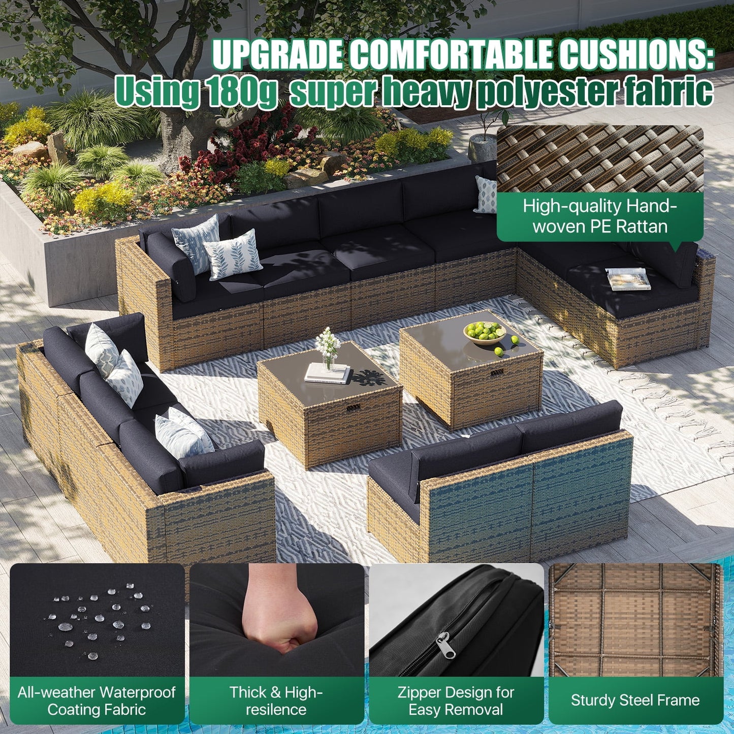 Clouddwell 14 Piece Patio Furniture Set Wicker Rattan Patio Conversation Set Outdoor Sectional Sofa Set with Coffee Table and Black Cushions(Waterproof Cover Included)