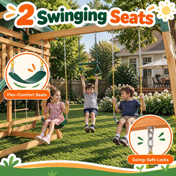 Clouddwell Wooden Backyard Swing Set, Outdoor Playset for Children Wave Slide, Double Rock Wall, Rope Ladder, Web Swing, Belt Swings, Toy Telescope, Steering Wheel
